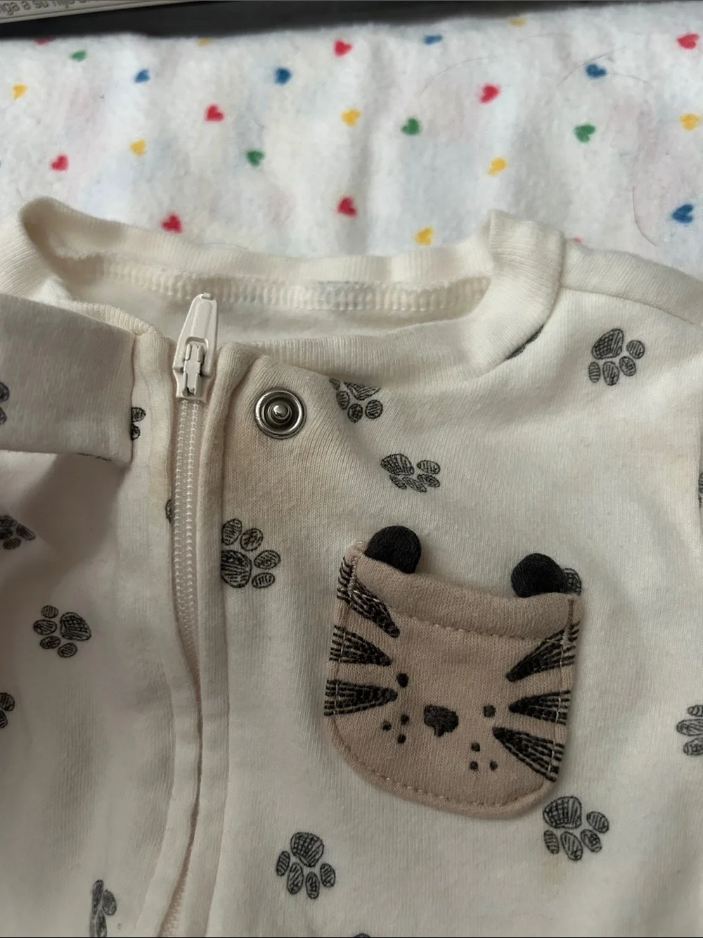 Carter's Cream Footed One-Piece with Gray Paw Prints and Kitty Patch